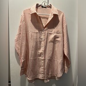 BTFBM Red and White Pin Stripe Button Down Dress Shirt Oversized - M